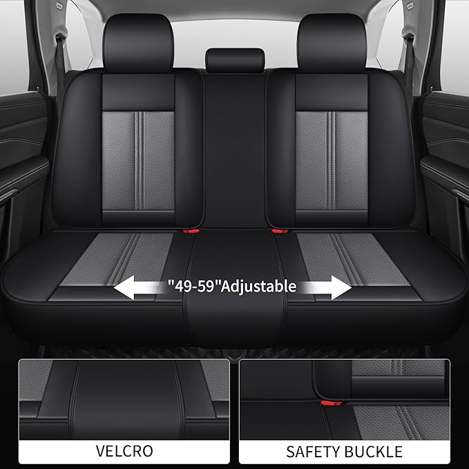 Car Seat Covers Full Set, Black Seat Cover for Cars Compatible Airbag, Easy Install Luxury Leather Automotive Seat Covers with Lumbar Support, for Car, Truck, SUV, Grey