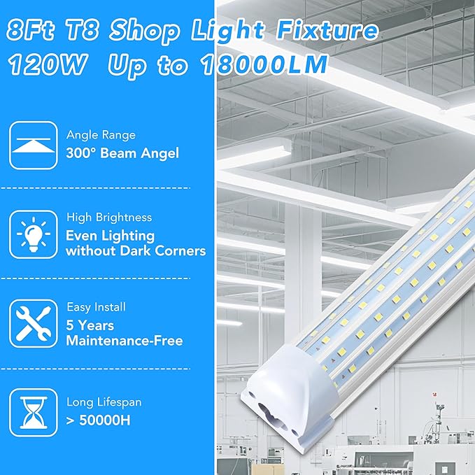 6 Pack 8FT T8 LED Shop Lights, 120W Integrated Tube Light, 19200LM 6000-6500K Daylight, Linkable Lighting, Plug & Play Energy-Saving Commercial Bay Lighting for Garage Warehouse Basement (V8)