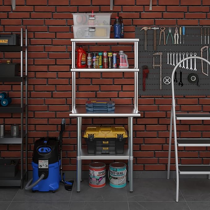 AmGood Stainless Steel Work Table Double Tier Overshelf | 18" x 30" Work Table + 12" Overshelf