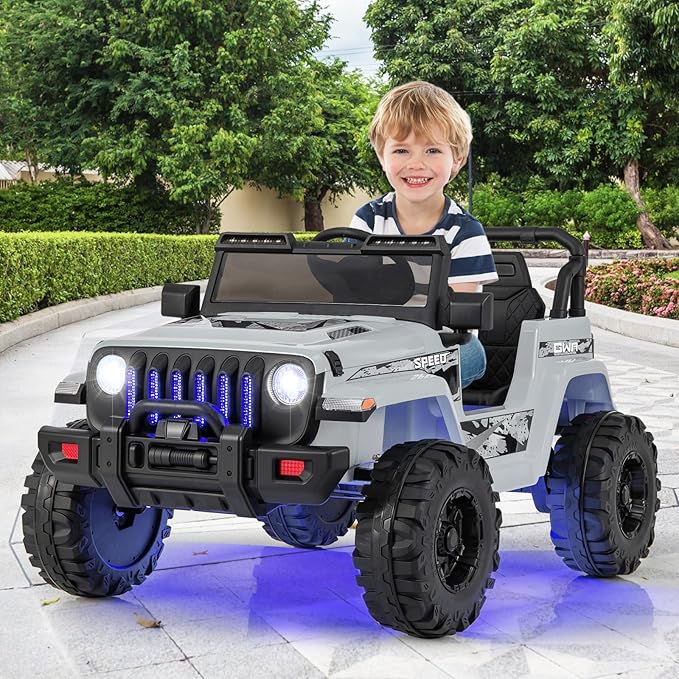 INFANS Kids Ride on Car Truck with 2.4G Remote Control, 12V Battery Powered Electric Cars for Kids w/3 Speeds, Battery Display, LED Lights, Safety Belt, Music & Horn, Bluetooth/FM/USB (Gray)