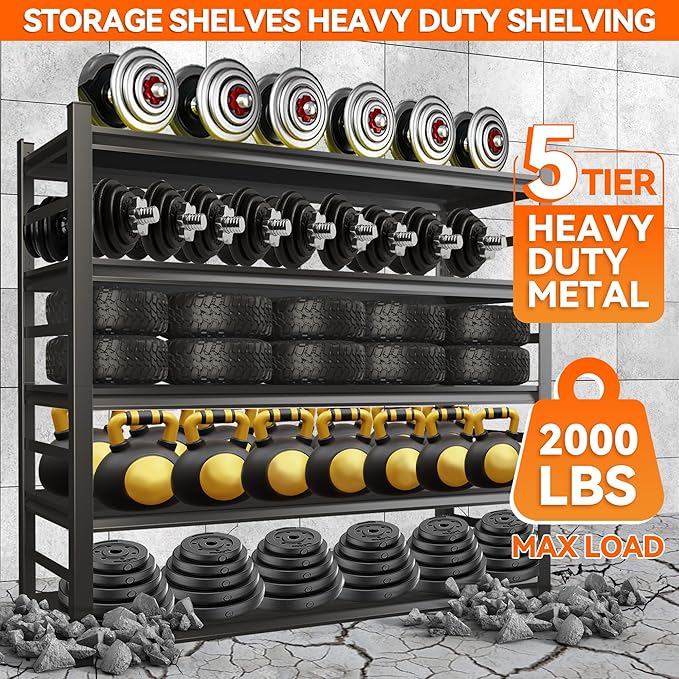 Adjustable Heavy Duty Metal Garage Shelving Unit with Fence, 5-Tier Storage Rack for Garage, Basement, or Warehouse, Durable Steel Shelves for Tools & Equipment, 63" H x 32" W x 16" D, Black