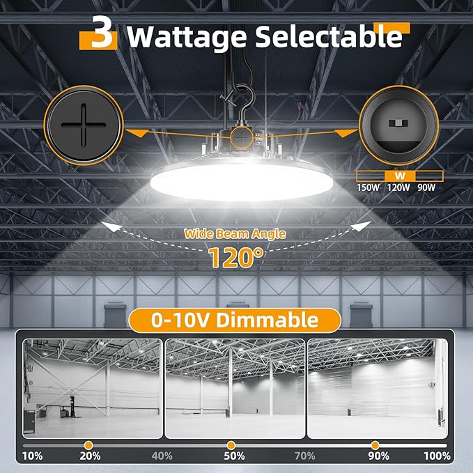 9 Pack 480V LED High Bay Light UL DLC Listed UFO Light 150W 100W 80W Adjustable, Dimmable High Bay LED Shop Lights 5000K Daylight, IP65 Commercial Bay Lighting for Warehouse Factory
