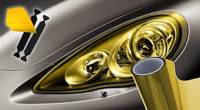 VViViD Air-Tint Extra-Wide Headlight Taillight Vinyl Tint Wrap 16 Inch x 48 Inch Roll Including Yellow Detailer Squeegee & 2X Black Felt Edge Decals (Gold Yellow)