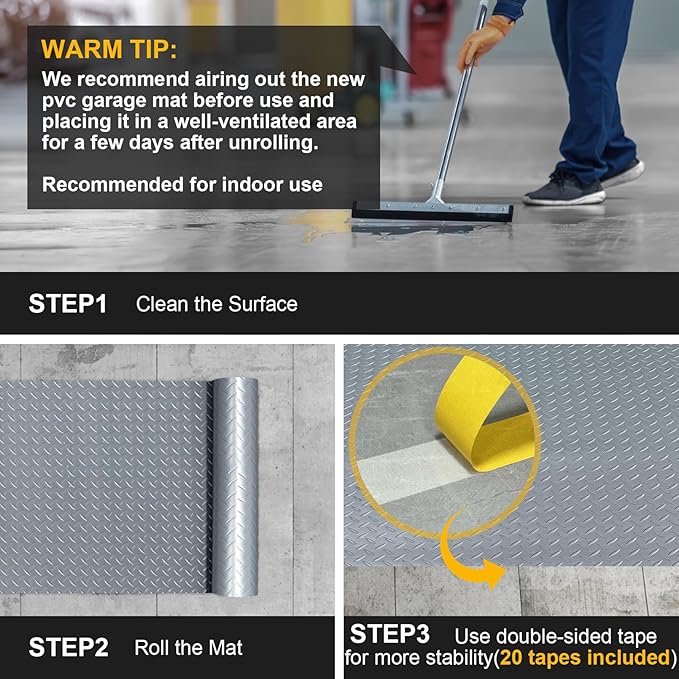 7.5x25 FT Garage Floor Mat, 2.8mm Thickened Flooring Roll for Under Car with 20Pcs Tapes, 188SQFT Diamond Plate Non-Slip Floor Protector Mat for Garage, Warehouse, Gyms, Trailer(Grey)