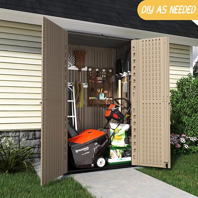 ADDOK Outdoor Storage Sheds Waterproof,Resin Outdoor Storage Cabinet Lockable, Double-Layer Storage Shed for Patios/Generator/Long-Handled Tools