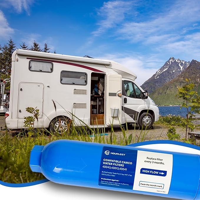 Hourleey 4 Pack RV Inline Water Filter with 2 Flexible Hose Protector, Reduce Bad Taste, Odors, Rust, Fluoride, Chlorine and Sediment in Drinking Water, Dedicated for RVs Campers Marines
