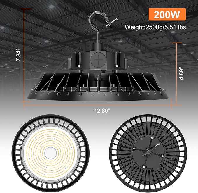 9Pack LED High Bay Lights, 200W UFO High Bay LED Shop Lights, 30000LM Adjustable CCT(5700K 5000K 4500K) & Power(200W 150W 100W), 0-10V Dimmable, 5' Cable Plug, IP65 Waterproof, ETL & DLC Listed