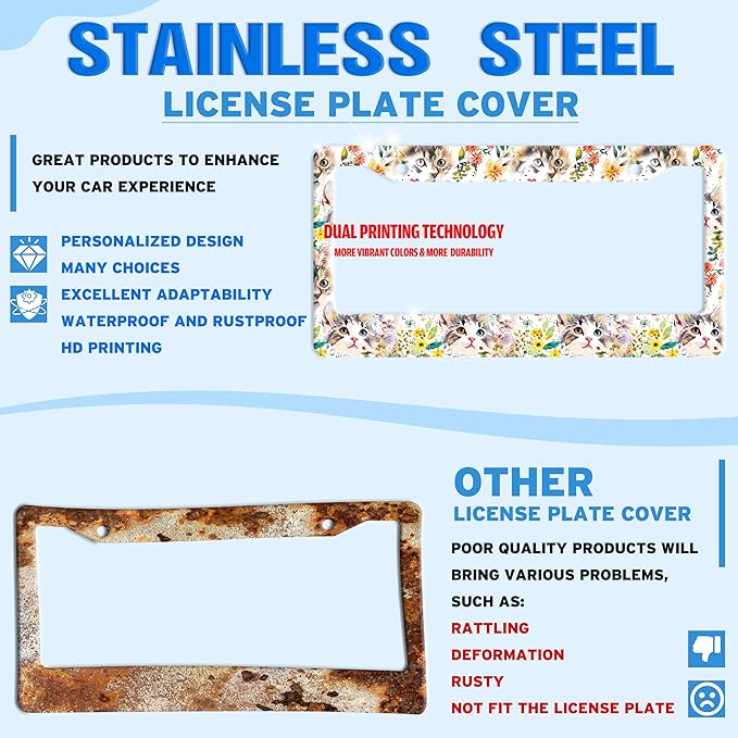 Cute Cat License Plate Frame Kitten Stainless Steel License Plate Holder for Front or Rear Car Tags Funny for Car Decoration Accessories with Screws 6.3 X 12.2 in for Women Men