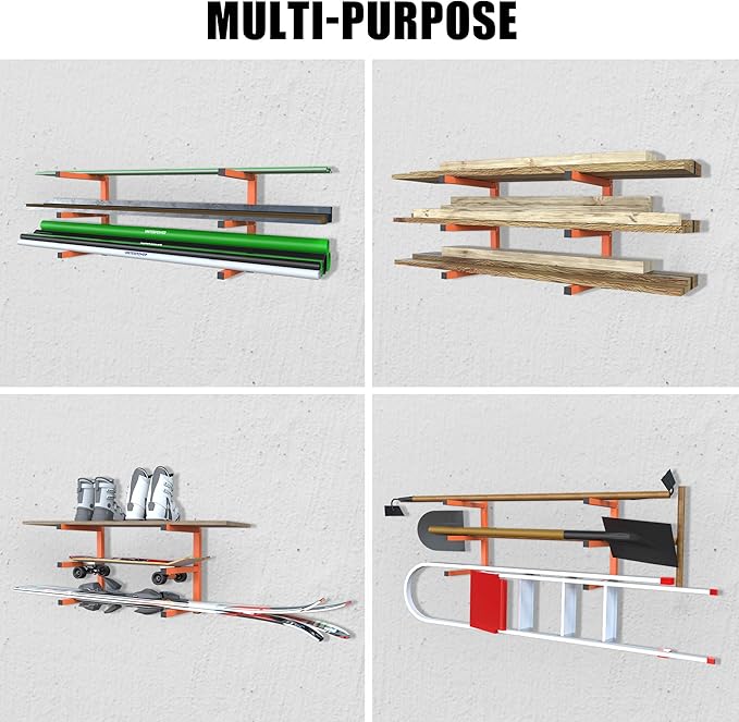 UNITEDPOWER Wall Mount Wood Organizer, Lumber Storage Rack, Heavy Duty Metal Shelf with 6-Level for Workshop or Garage, Indoor Or Outdoor Use-4 Hook