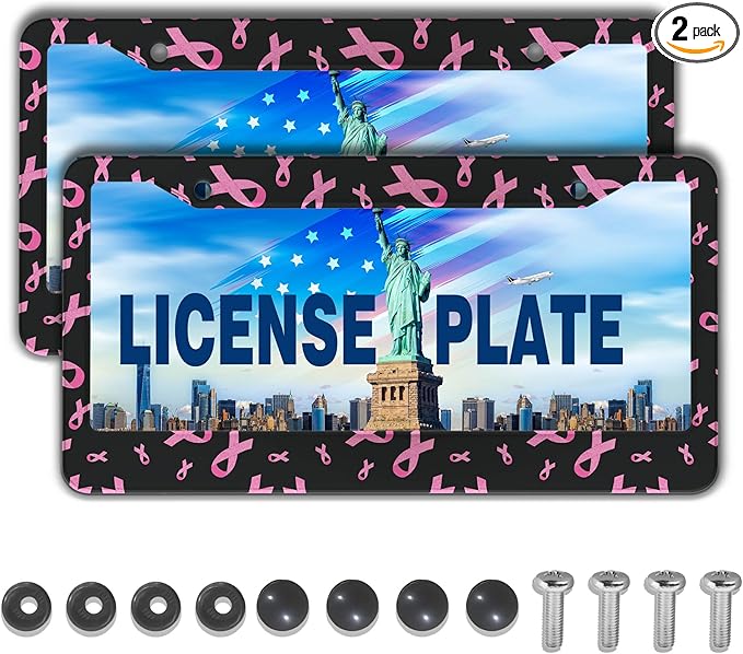 License Plate Frames for Men Black Powder Car License Plate Frame for Women Pink Ribbon Aluminum Metal Car Accessory 2 Pack with Screw Covers Set