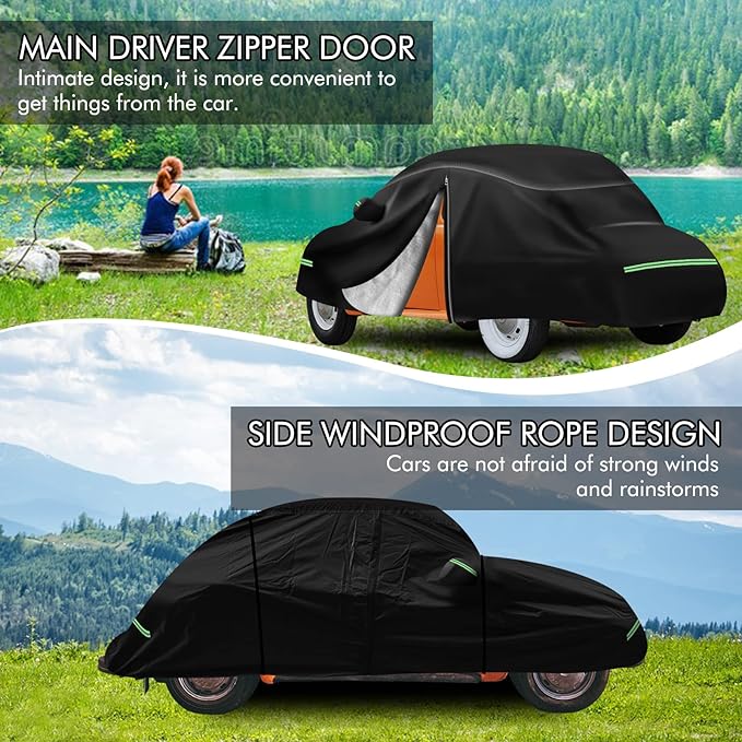 for VW 1960-1980 Volkswagen Beetle Bug Sedan 2-Door Saloon Car Covers 210D Outdoor Waterproof UV, Custom-fit Protective Full Covers with Cotton Layer, Zipper Door, Reflective Strip, Storage Bag