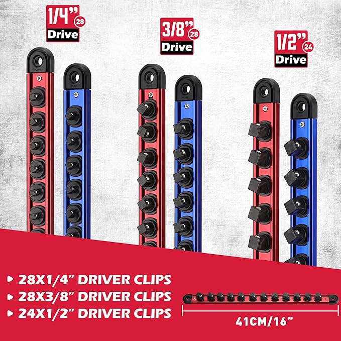 Magnetic Socket Holder Organizer Set: 6-Piece Detachable 1/4, 3/8, 1/2 Socket Trays Socket Organizer for Tool Box Drawer Holds 80-Piece Standard Size Sockets for Automotive Mechanic Garage(Red Blue)