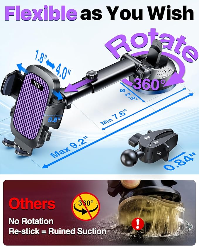 HTU 2025 Best Car Phone Holder 【Ultimate 5-in-1 & Upgraded 100+LBS Strongest Suction】【True Military-Grade & Safety Cert】 360° Windshield Dashboard Vent Mount Stand for iPhone Android & Truck, Purple