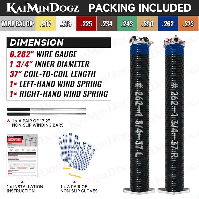 Pair of 1.75" Garage Door Torsion Springs Set with Non-Slip Winding Bars&Gloves, High Precision Electrophoresis Oil-Free Black Coated for Replacement, MIN 16,000 Cycles (0.262 x 1.75"x 37")