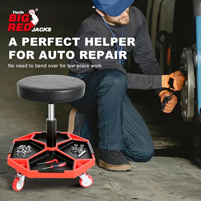 Torin ATRXF8308B Pneumatic Mechanic Stool/Rolling Shop Creeper Seat with Adjustable Height and 4 Removable Tool Trays, 300 lb Capacity, Black/Red