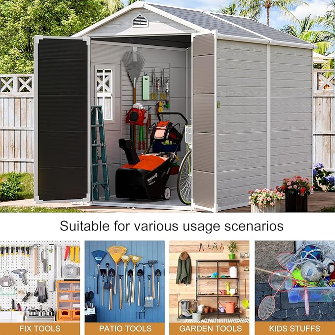 Restland 8x6 FT Resin Storage Shed with Floor, Waterproof Outdoor Plastic Sheds with Window for Backyard Garden Patio Lawn Tools, Gray