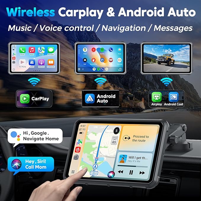 Portable Apple Carplay Screen for Car, 8" Wireless Android Auto Screen with 4K Dash Cam & 1080P Backup Camera, Secure Strong Bracket, Navigation, Bluetooth, Mirror Link, Fits All Vehicles