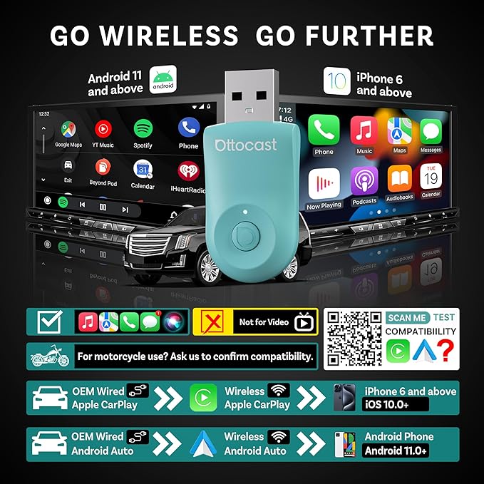 OTTOCAST Wireless Carplay Adapter 2025 for Apple iPhone, Convert Wired to Wireless Car Play for Older Cars Mini USB Design Plug & Play, Multi-User Seamless Connection for iOS 10+/ Android Auto (Green)