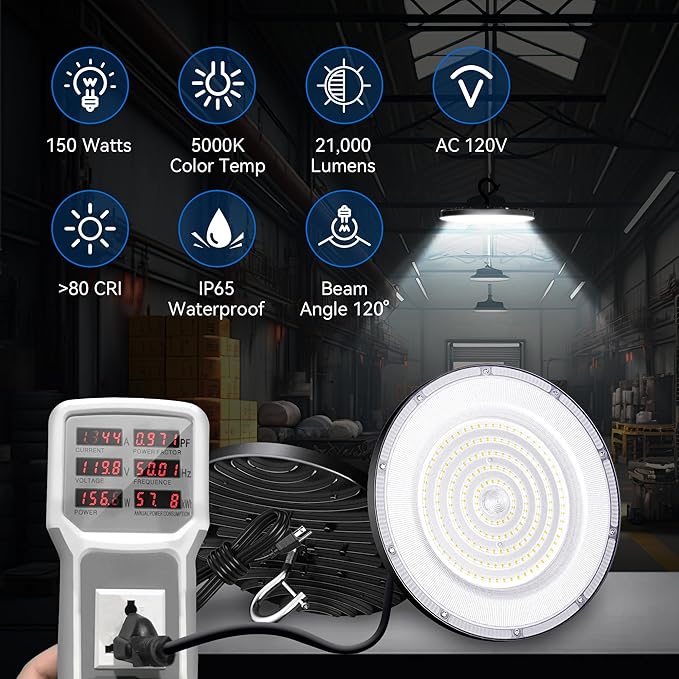 4 Pack UFO LED High Bay Light 150W(600W MH/HPS Equiv.), 21000lm, 5000K Daylight High Bay LED Shop Lights with 5' Cable US Hook, IP65 Commercial Light Fixture for Warehouse Workshop Barn Factory