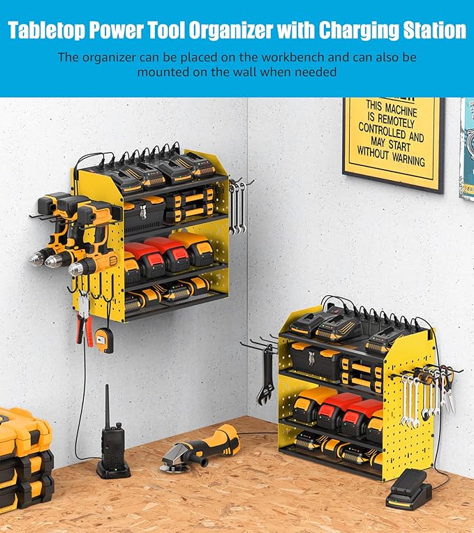 CCCEI Modular Desk Power Tools Organizer with Charging Station, 4 Layer Drills Battery Storage Wall Mount, Garage Shop Organization, Anniversary, Birthday, Gifts for Men, Father, Yellow, 10FT Cord.