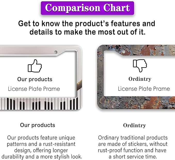 License Plate Bracket Black and White License Plate Frames Beautiful Piano Keys Music Notes Aluminum Metal Car Accessory 2 Pack with Screw Covers Set