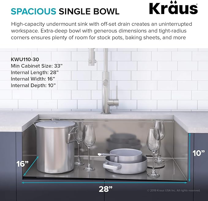 KRAUS Kore Workstation 30-inch Undermount 16 Gauge Stainless Kitchen Sink, Single Bowl Kitchen Sink with 3/4 HP Garbage Disposal, KWU110-30-100-75MB