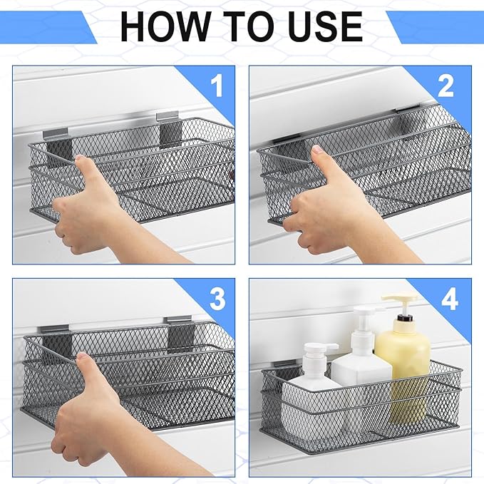 Barydat 4 Pcs Slatwall Basket Set Ventilated Metal Slatwall Basket Hanging Wire Bins Wall Mounted Accessories for Panel Garage Storage Display Organizing(Multi Size,Gray)