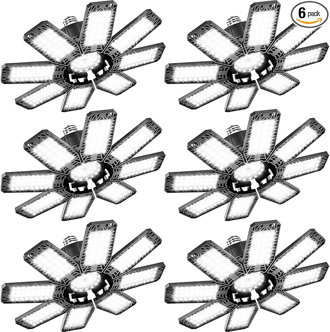 Garage Light 6 Pack - 240W 24000LM 6500K Garage Lights Ceiling LED with 8+1 Deformable Panels, E26/E27 Screw Socket in LED Shop Light for Workshop, Basement, Gym, Barn, Warehouse etc Bay Lighting