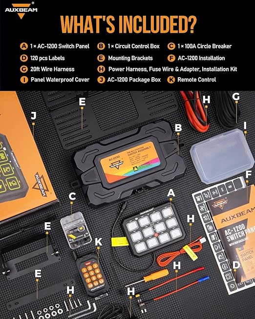 Auxbeam 12 Gang Switch Panel Bluetooth RGB AC-1200 with APP&Remote Control Toggle Momentary Pulsed Switch Pod Off Backlight for Truck Offroad UTV ATV Car Marine 12-24V Waterproof 2 Years Warranty