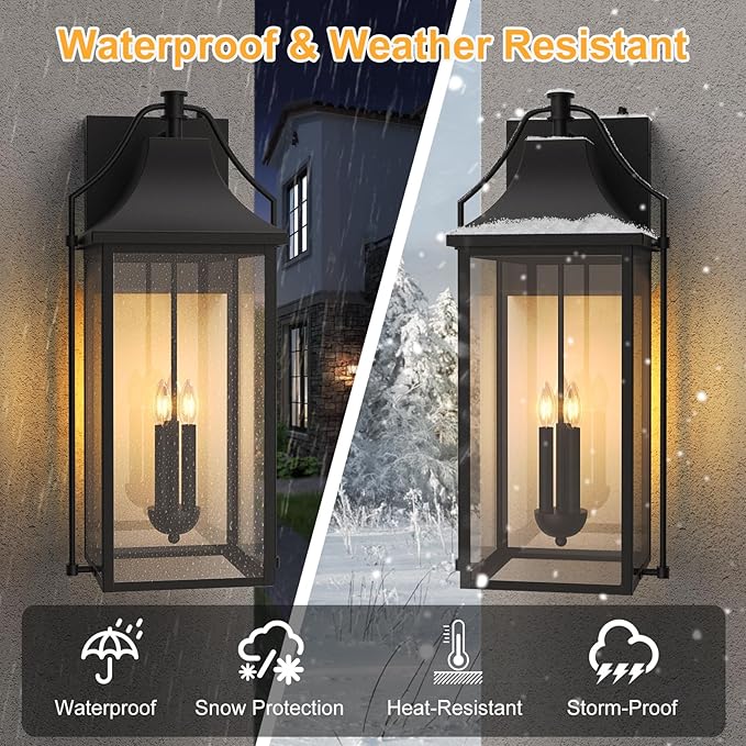 𝟐𝟓-𝐈𝐍𝐂𝐇 Dusk to Dawn Outdoor Wall Light, Large Size Waterproof Patio Lanterns, 3-Light Exterior Wall Mount Lantern Sconce with Glass, Black Wall Sconces for House Garage Front Door