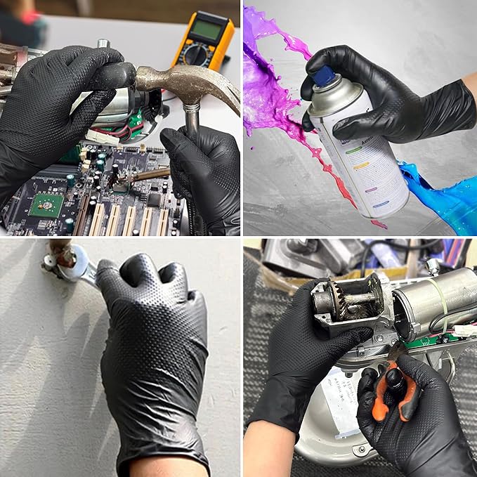 TitanFlex Thor Grip Heavy Duty Black Industrial Nitrile Gloves with Raised Diamond Texture, 8-mil, Latex Free