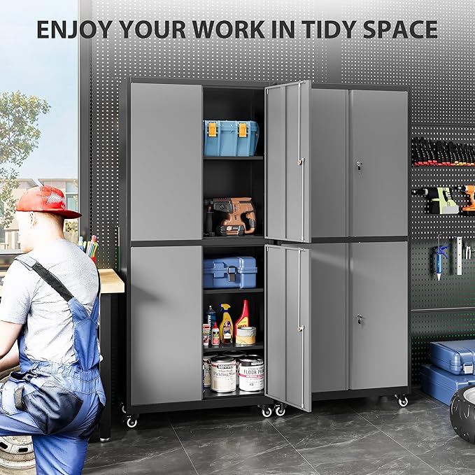 Metal Storage Cabinet with Wheels,Rolling Garage Storage Cabinet with Lock,Gray Lockable Metal Cabinets with Shelves,Tall Tool Cabinets on Wheels for Garage,Home,Office,Shop