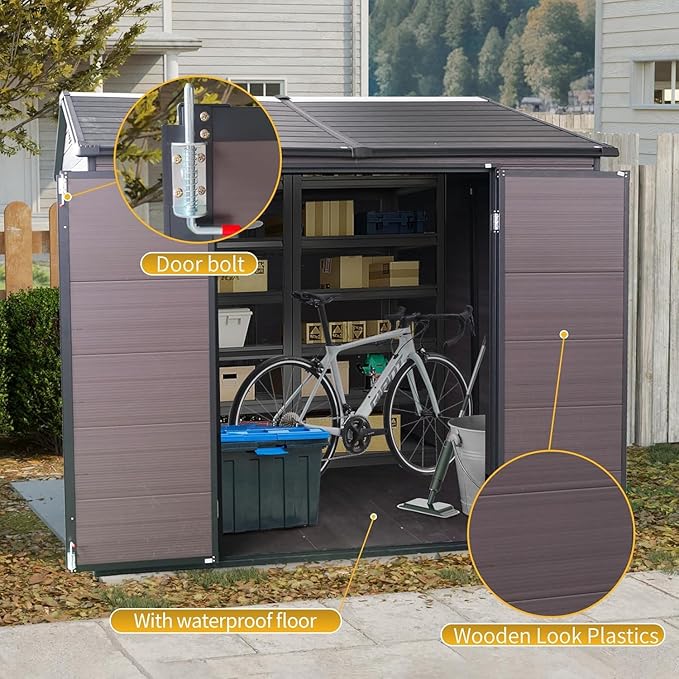 8x6 FT Outdoor Storage Shed, Resin Garden Shed with Thick Floor, Plastic Storage Shed with 2 Windows, Waterproof Outside Tool Shed with Lockable Hinged Doors for Backyard, Patio, Lawn, Brown