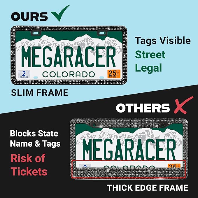 Elegant Bling License Plate Frame for Women - 1 Pack, 800 Premium Black Rhinestones, Rust-Free Stainless Steel, Street Legal Slim Design, Sparkly Diamond Car Tag Holder with Glitter Crystal Covers