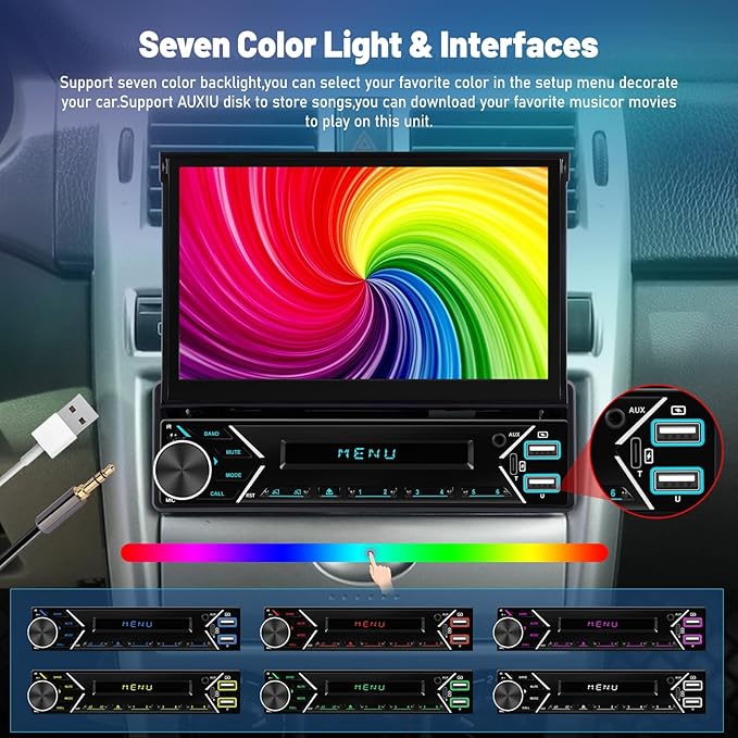 Single Din Car Stereo with Wireless Carplay and Android Auto - 7 Inch Automatic Flip Out Touchscreen Car Radio - Bluetooth/Mirror Link/SWC/FM + 12leds Backup Camera