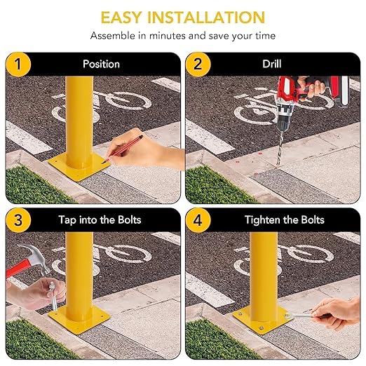 Safety Bollard, 4 Packs 48 Inch Metal Safety Bollard Post with 16 Anchor Bolts, 4.5 Inch Diameter Steel Safety Bollard for Driveway Barrier, Parking Pole,Traffic Control