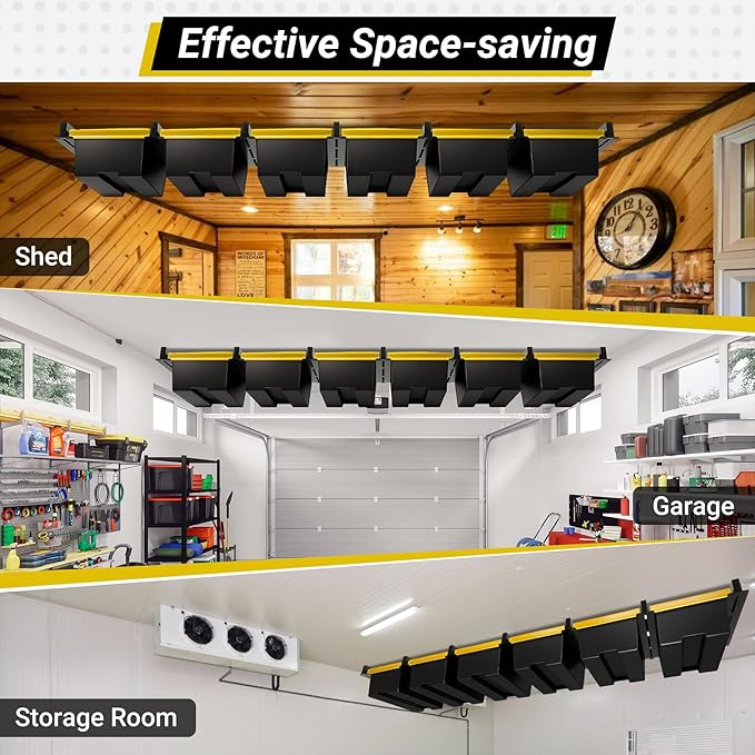 6-bin Overhead Garage Storage Rack, Ceiling Storage Racks Heavy Duty, Powder Coated Tote Storage Rack for Garages, Sheds, Storerooms (7 PCS, for 6 Bins)