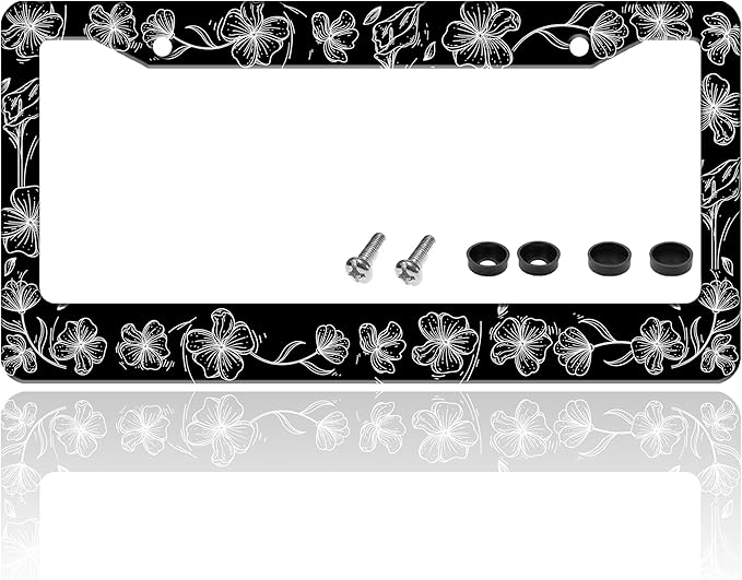 Black and White Line Drawing Flowers License Plate Frame Beautiful Floar License Plate Holder for Front or Rear Car Tags Reusable Stainless Steel Funny Car Decoration with Screws 6.3 X 12.2 in