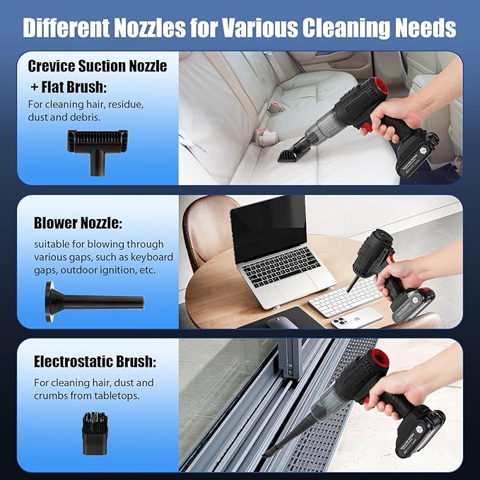Car Vacuum Cleaner Portable Air Duster 2in1 Brushless Motor 80000 RPM Vacuum Suction Blower with LED Light Dual Use for Home Office Keyboard with 5pcs Nozzles and Carry Bag