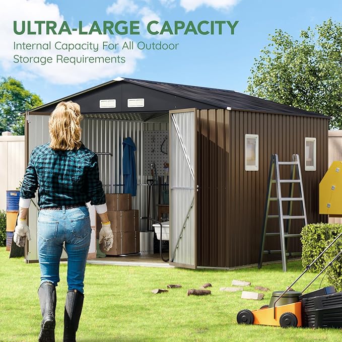10X10X7.5 FT Outdoor Steel Storage Shed with Lockable Doors, 2 Windows, Metal Frame Floor (Wood Panels Not Included), Ideal for Backyard, Patio Storage,Chicken Coop, Brown