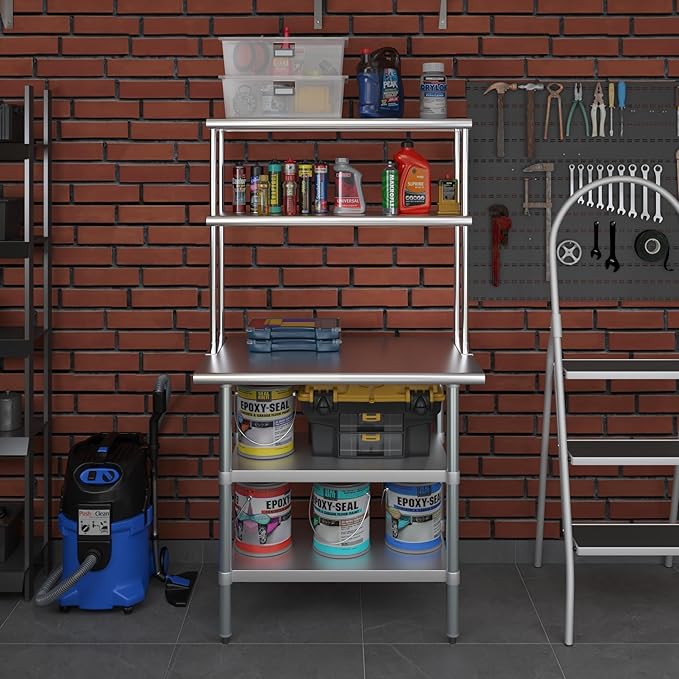 AmGood Stainless Steel Work Table with 2 Shelves | 24" x 36" Table with 2 Shelves + 12" Overshelf