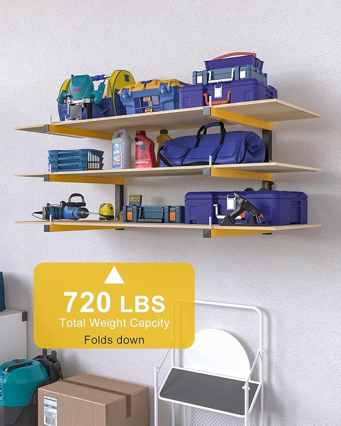 Lumber Rack Wall Mount Storage Racks Folding Wood Organizer Heavy Duty Shelf Brackets With 6-Level 720 Lbs Capacity Yellow Metal Utility Racks Garage Wall Shelving for Indoor and Outdoor Use (4 Pack)