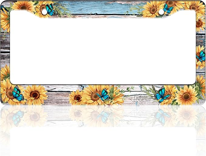 Blue Butterfly Sunflower License Plate Frame Wooden Board Flowers Animals License Plate Holder for Front or Rear Car Tags Stainless Steel Funny Car Decoration with Screws 6.3 X 12.2 in