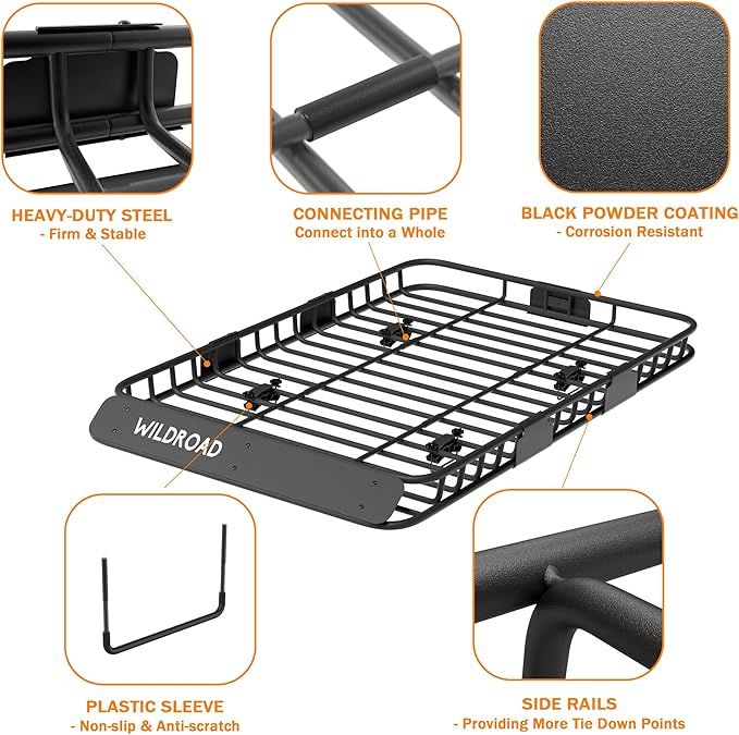 WILDROAD Car Roof Cargo Carrier Combo of Upgraded 64"x 39"x 4" Roof Rack Cargo Basket, Super Duty Bungee Cargo Net. Universal Car Top Luggage Holder Carrier Basket Fits for SUV Truck Cars