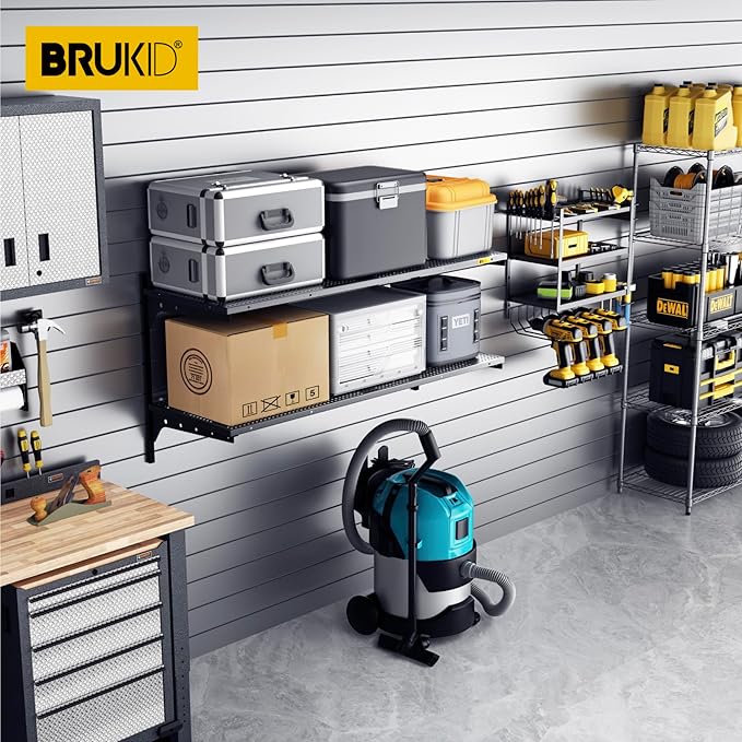 2 Tier 1.3x4ft Garage Shelving Wall Mounted, 400 lbs Load Capacity，15.6x48inch per Shelf Height Cassette Adjustable Floating Shelves(Black)