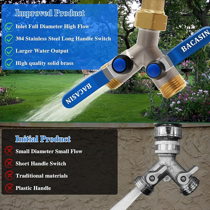 Brass Garden Hose Splitter, Garden Hose Splitter 2 Way Heavy Duty, With 2 304 Stainless Steel Extension Handles, 2-Way Y-Valve 3/4” GHT Threads (Increase Flow Style)