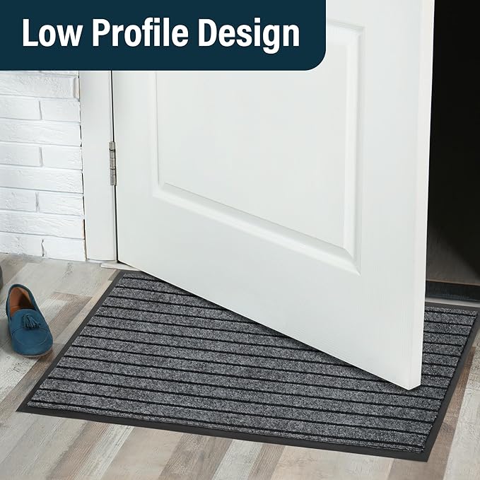 LotFancy 30" x 17" Set of 2 Front Door Mat for Indoor Outdoor Entrance, Dirt Traper Low Profile Easy Clean Doormat, Non Slip Welcome Mats for Patio Porch Garage Entryway, Dark Gray