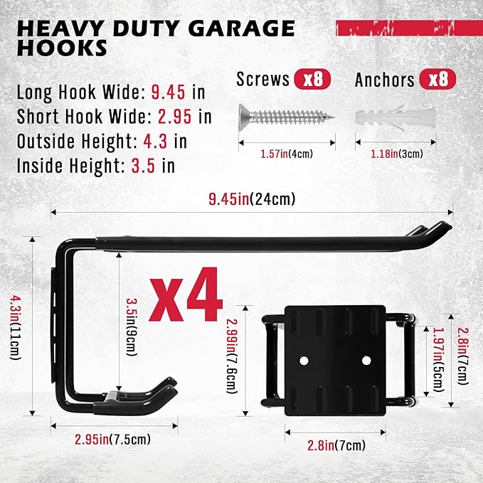 4-Piece 9.4" Heavy Duty Garage Hooks, Sturdy Utility Hooks Holds 55 LB Wall Mount Garden Tool Organizer Hangers for Hanging Shovel Ladder Chairs Strollers Power Tool Tire and More (Black)
