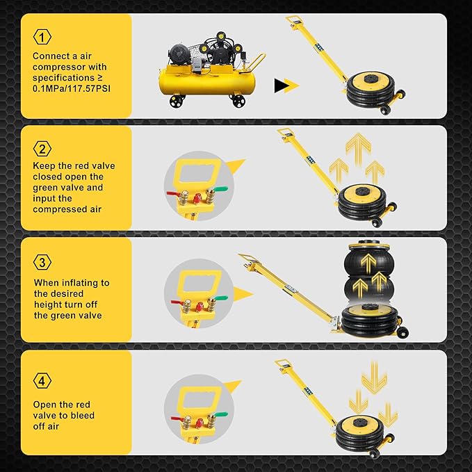 YELLOW JACKET Air Jack 5 Ton Airbag Jack with Adjustable Long Handle and Six Steel Pipes, Lift up to 18.5 inch/470 mm, 3-5 s Fast Lifting Pneumatic Jack for Cars, Garages, Repair