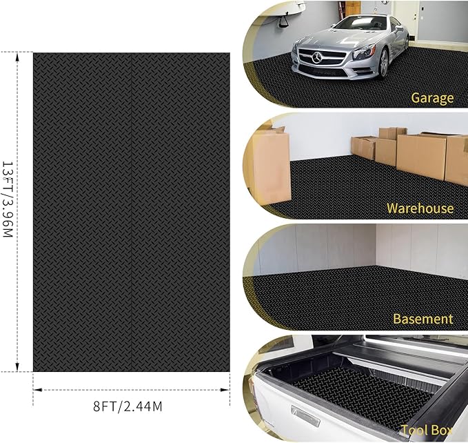 Premium Garage Floor Mat, Commercial Grade Heavy Duty Parking Mat for Garage Floor, Golf Cart Parking, Water/Stain Resistant Floor Runner (Black Diamond, 2 Rolls x 4 x 13 Feet)
